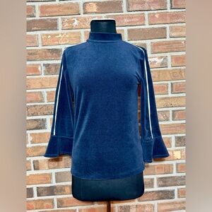 Free People Blue Ribbed Mock Neck Top Bell Sleeves Size L
